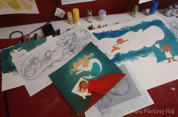 Working on the 3 illustrations for Jorge, el Pintor de Sirenas